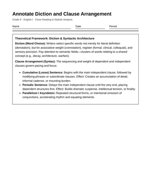 Essential Diction & Clause Worksheet | Grade 9 English I