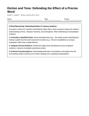 Essential Defending Diction Worksheet | Grade 9 English I