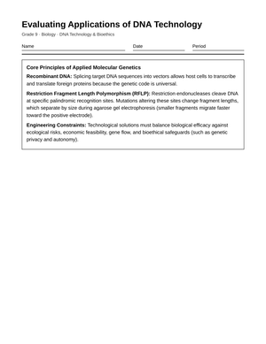 Essential Genetic Technology Worksheet | Grade 9 Biology