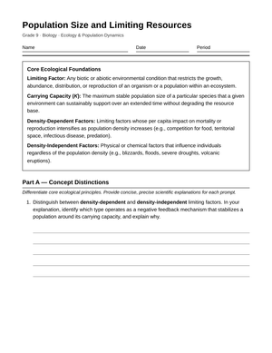 Essential Limiting Resources Worksheet | Grade 9 Biology