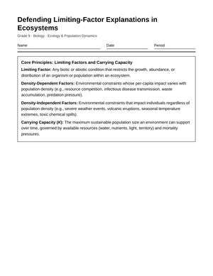 Essential Limiting Factors Worksheet | Grade 9 Biology
