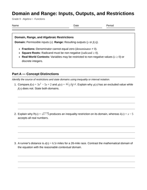Complete Domain Restrictions Worksheet | Grade 9 Algebra I