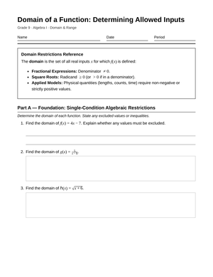 Complete Function Domain Worksheet | Grade 9 Algebra I
