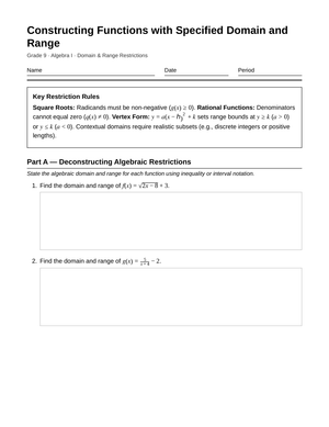Ready Function Domain & Range Worksheet | Grade 9 Algebra I