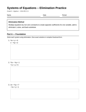 Essential Elimination Worksheet | Grade 9 Algebra I