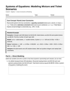 Printable Mixture & Ticket Worksheet | Grade 9 Algebra I
