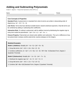 Free Add/Subtract Polynomials Worksheet | Grade 9 Algebra I
