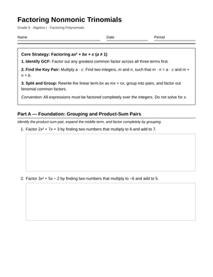 Ready Nonmonic Trinomials Worksheet | Grade 9 Algebra I