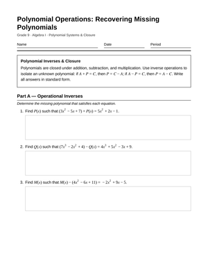 Complete Missing Polynomials Worksheet | Grade 9 Algebra I