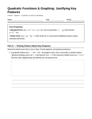 Complete Graph Key Features Worksheet | Grade 9 Algebra I