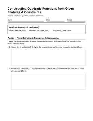 Complete Quadratic Features Worksheet | Grade 9 Algebra I