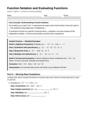 Complete Evaluating Functions Worksheet | Grade 9 Algebra I