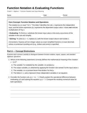 Essential Function Notation Worksheet | Grade 9 Algebra I