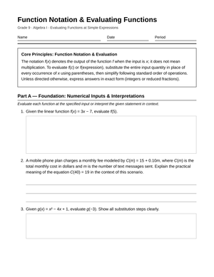 Aligned Evaluating Functions Worksheet | Grade 9 Algebra I