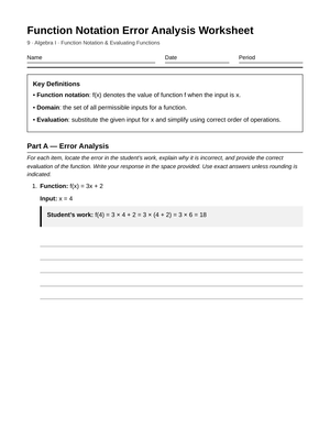 Complete Function Notation Worksheet | Grade 9 Algebra I