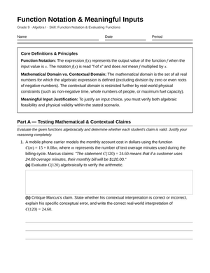 Essential Meaningful Inputs Worksheet | Grade 9 Algebra I