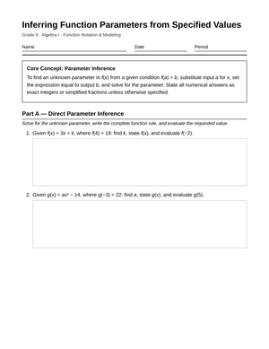 Complete Function Parameter Worksheet | Grade 9 Algebra I