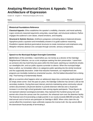 Essential Rhetorical Appeals Worksheet | Grade 10 English II