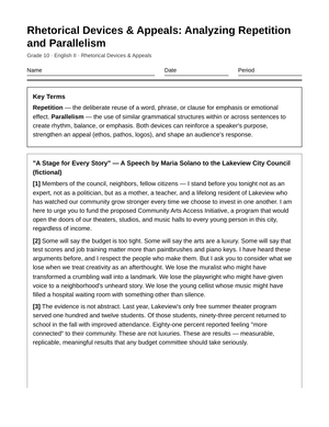 Ready Repetition/Parallelism Worksheet | Grade 10 English II