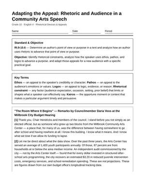Aligned Adapting Appeals Worksheet | Grade 10 English II