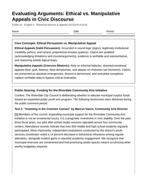Proven Ethical Persuasion Worksheet | Grade 10 English II