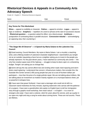 Printable Rhetorical Devices Worksheet | Grade 10