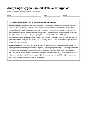 Printable Oxygen-Limited Cells Worksheet | Grade 10 Biology