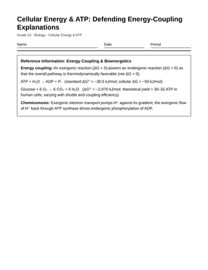 Essential Energy Coupling Worksheet | Grade 10 Biology