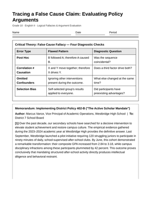 Complete False Cause Claims Worksheet | Grade 10 English II