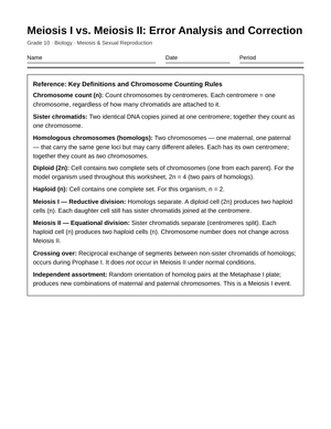 Essential Meiosis I and II Worksheet | Grade 10 Biology