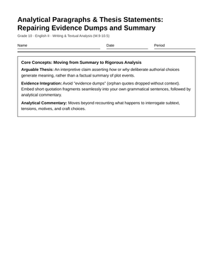 Complete Evidence Repair Worksheet | Grade 10 English II