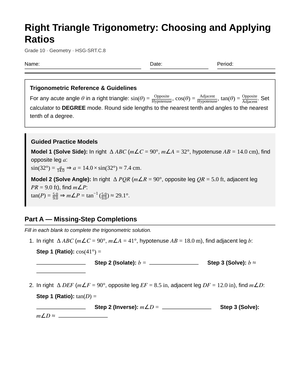 Complete Trigonometric Ratios Worksheet | Grade 10 Geometry