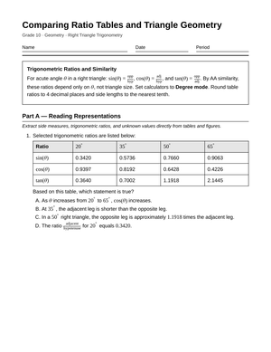 Essential Trig Ratio Tables Worksheet | Grade 10 Geometry