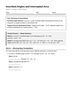 Complete Inscribed Angles Worksheet | Grade 10 Geometry