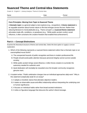 Essential Nuanced Theme Worksheet | Grade 10 English II