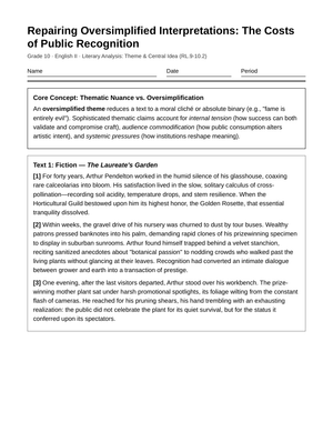 Proven Theme Interpretation Worksheet | Grade 10 English II