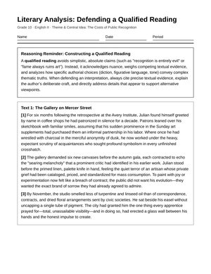Complete Qualified Reading Worksheet | Grade 10 English II