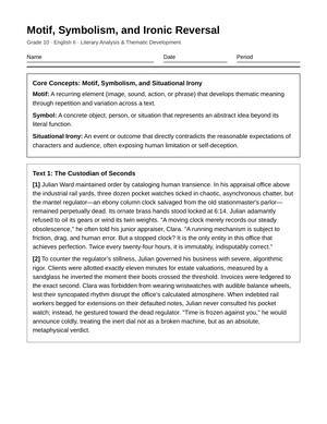Essential Motif & Irony Worksheet | Grade 10 English II