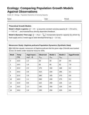 Essential Population Models Worksheet | Grade 10 Biology