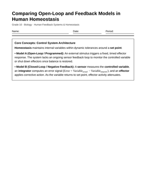 Complete Feedback Models Worksheet | Grade 10 Biology