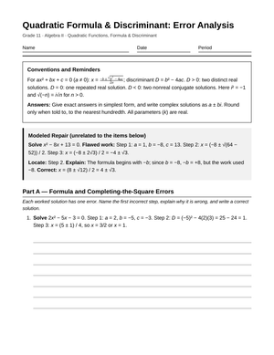 Printable Quadratic Errors Worksheet | Grade 11 Algebra II