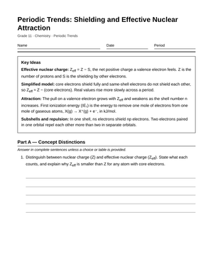 Printable Shielding & Zeff Worksheet | Grade 11 Chemistry