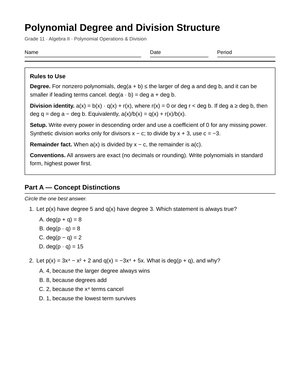 Free Polynomial Division Worksheet | Grade 11 Algebra II