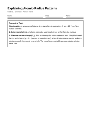 Printable Atomic Radius Worksheet | Grade 11 Chemistry