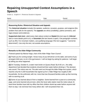 Free Context Assumptions Worksheet | Grade 11 English III