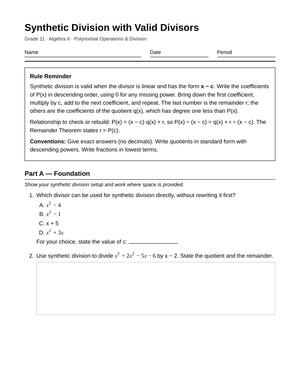 Printable Synthetic Division Worksheet | Grade 11 Algebra II