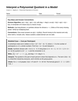 Aligned Polynomial Quotient Worksheet | Grade 11 Algebra II