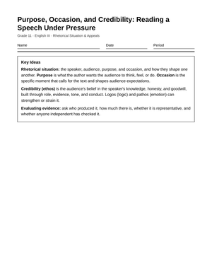 Ready Purpose & Credibility Worksheet | Grade 11 English III