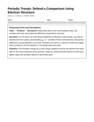 Printable Electron Structure Worksheet | Grade 11 Chemistry