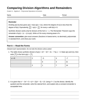 Aligned Division Algorithms Worksheet | Grade 11 Algebra II
